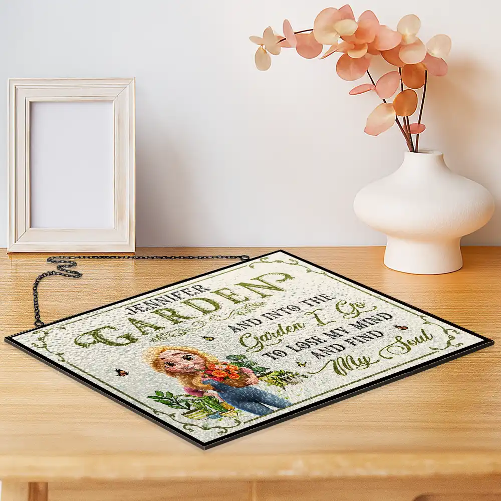Into The Garden I Go 3D Effect Gardening Woman - Personalized Horizontal Stained Glass Suncatcher - Image 2