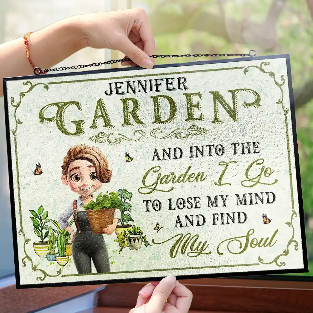 Into The Garden I Go 3D Effect Gardening Woman - Personalized Horizontal Stained Glass Suncatcher - Image 4