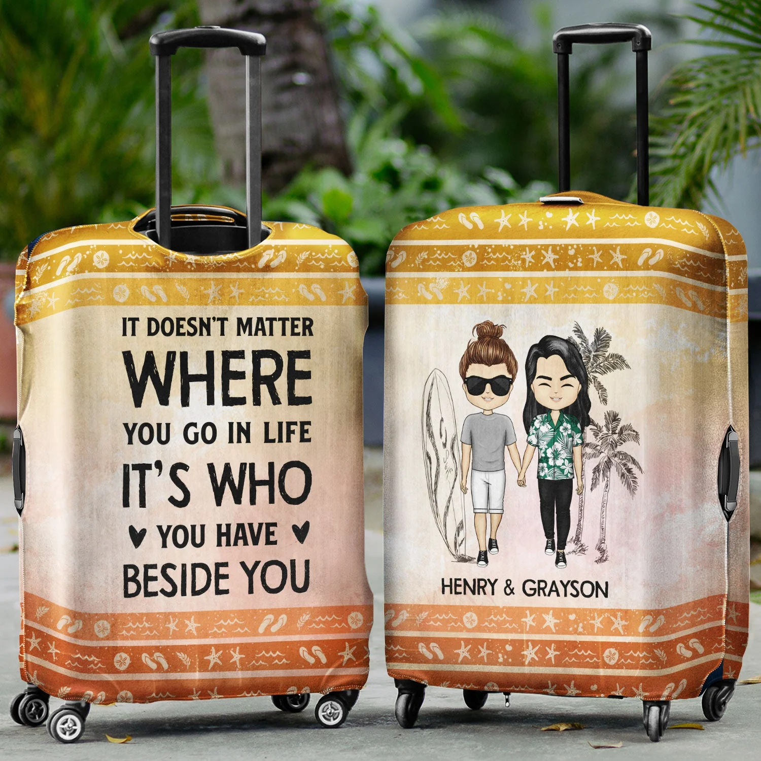 It Doesn't Matter Where You Go In Life Beach Traveling Couples - Personalized Custom Luggage Cover - Image 2