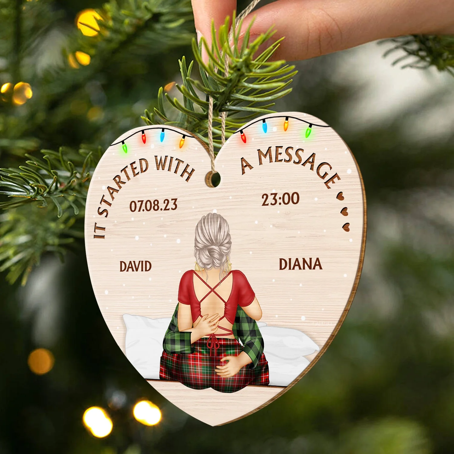 It Started With A Message - Christmas Gift For Couples - Personalized Custom Shaped Wooden Ornament - Image 2
