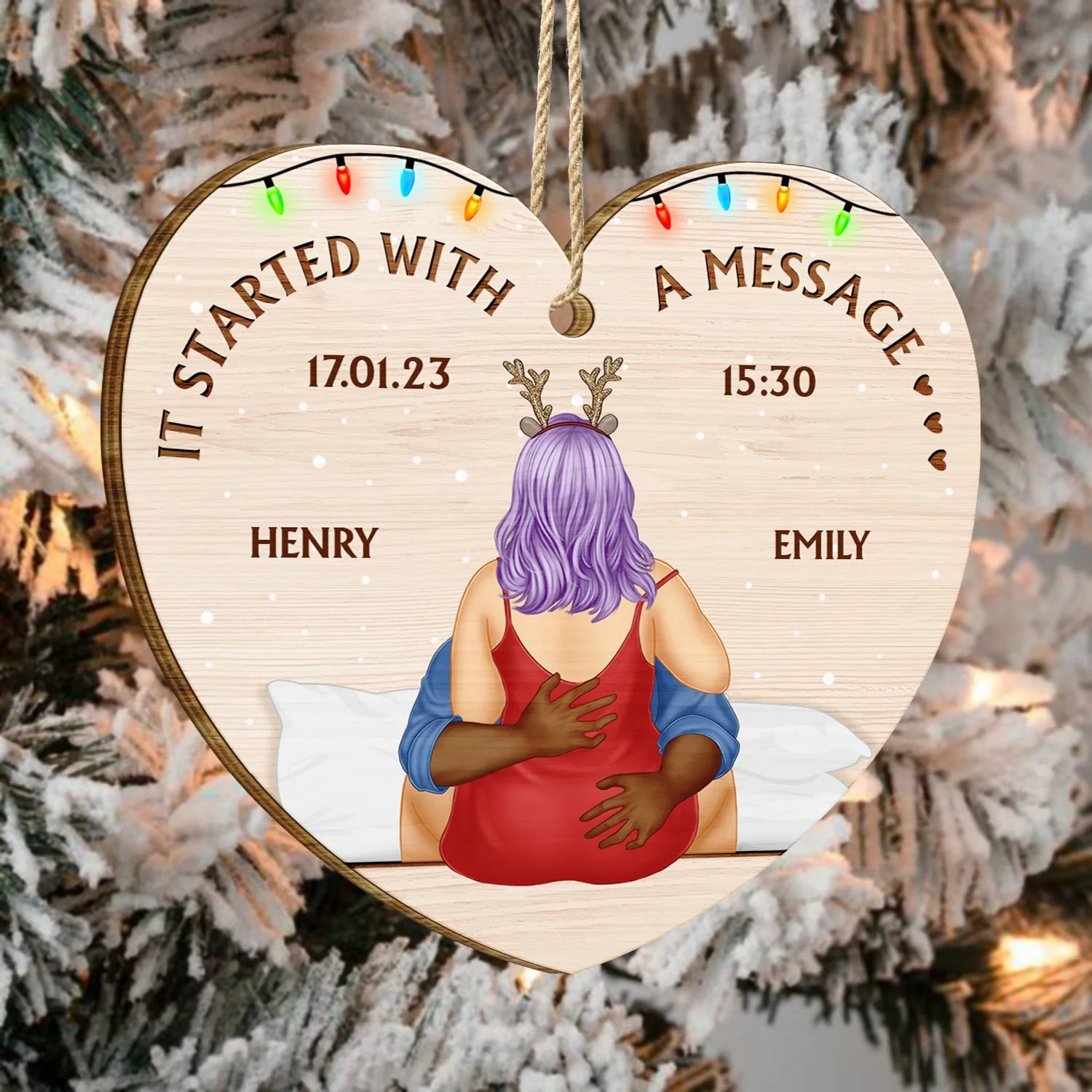 It Started With A Message - Christmas Gift For Couples - Personalized Custom Shaped Wooden Ornament - Image 4
