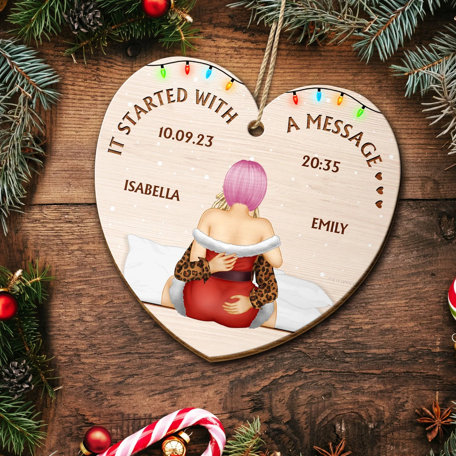 It Started With A Message - Christmas Gift For Couples - Personalized Custom Shaped Wooden Ornament - Image 5