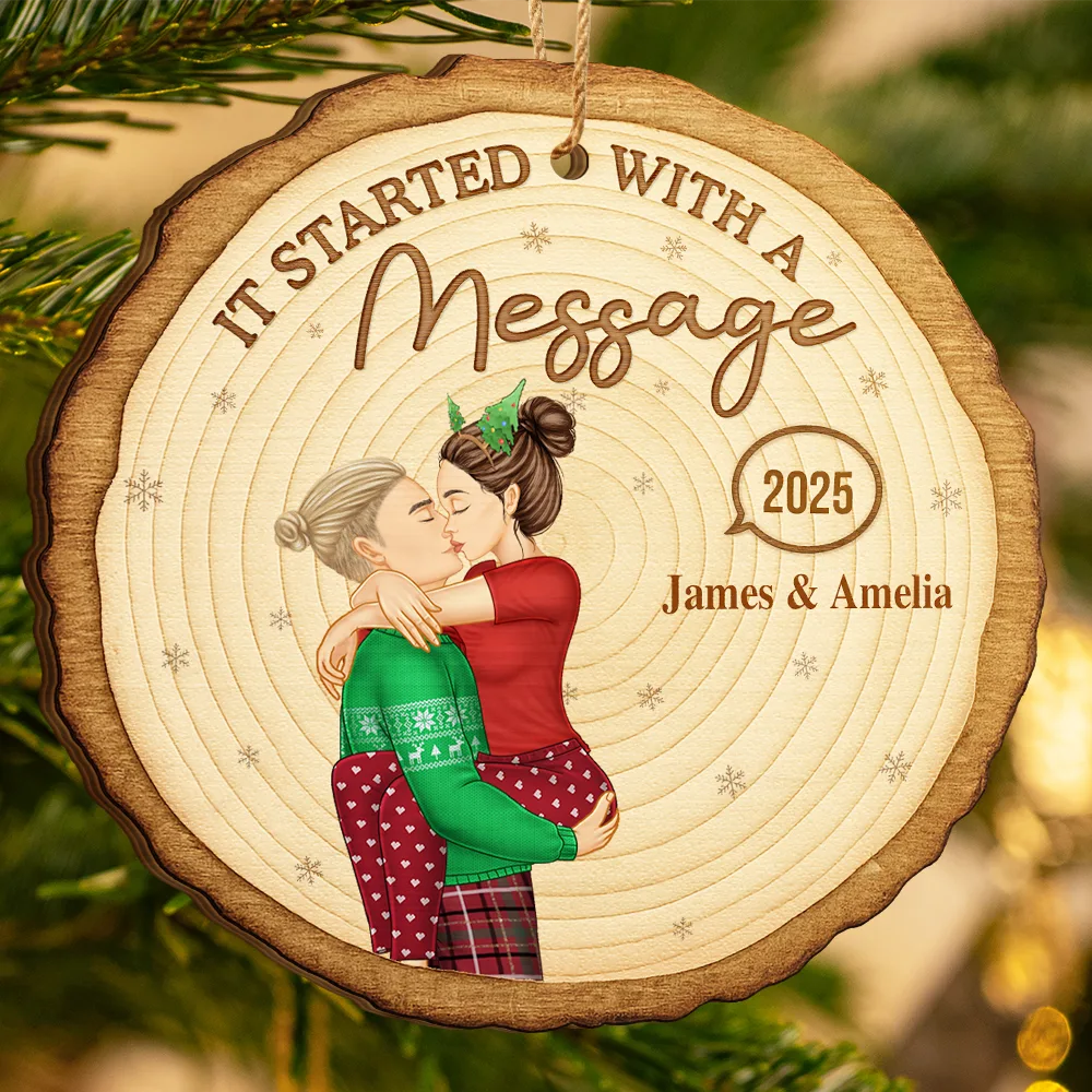 It Started With A Message Online Dating Couple Side View - Personalized Custom Shaped Wooden Ornament - Image 3