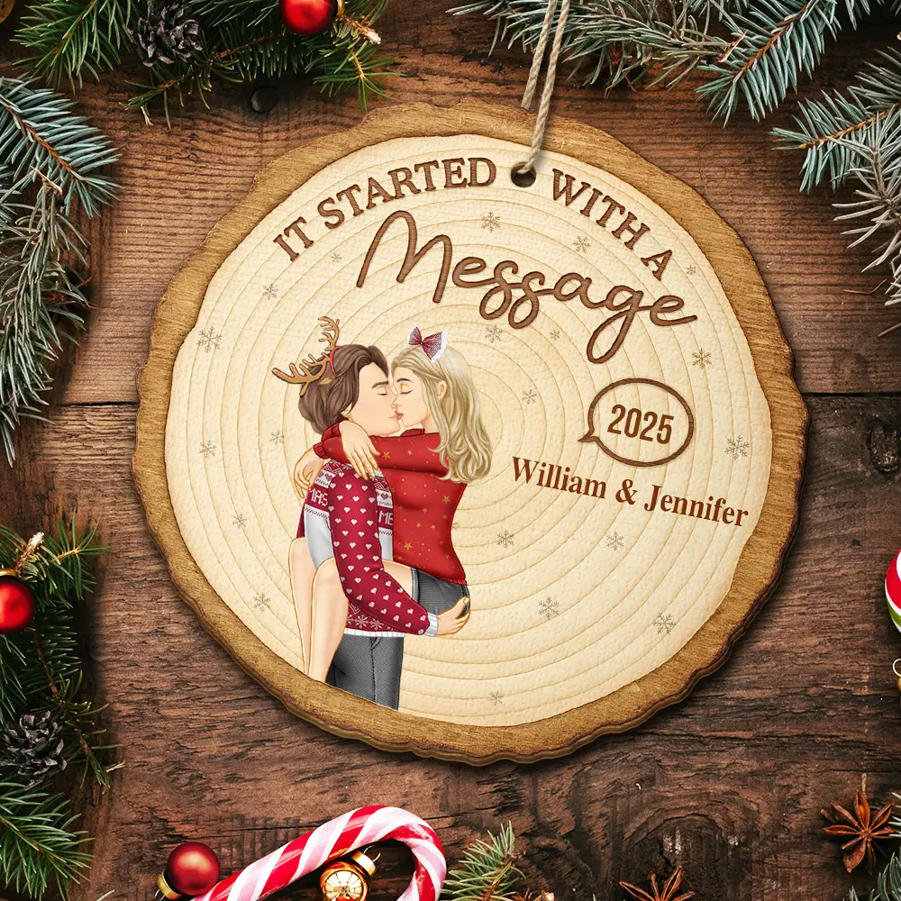 It Started With A Message Online Dating Couple Side View - Personalized Custom Shaped Wooden Ornament - Image 5