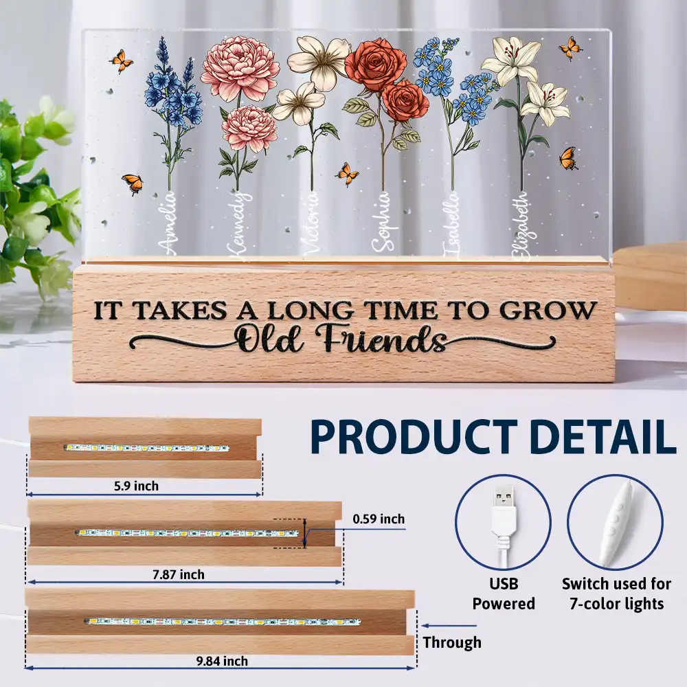 It Takes A Long Time To Grow Old Friends Birth Flowers - Personalized Rectangle LED Light - Image 6
