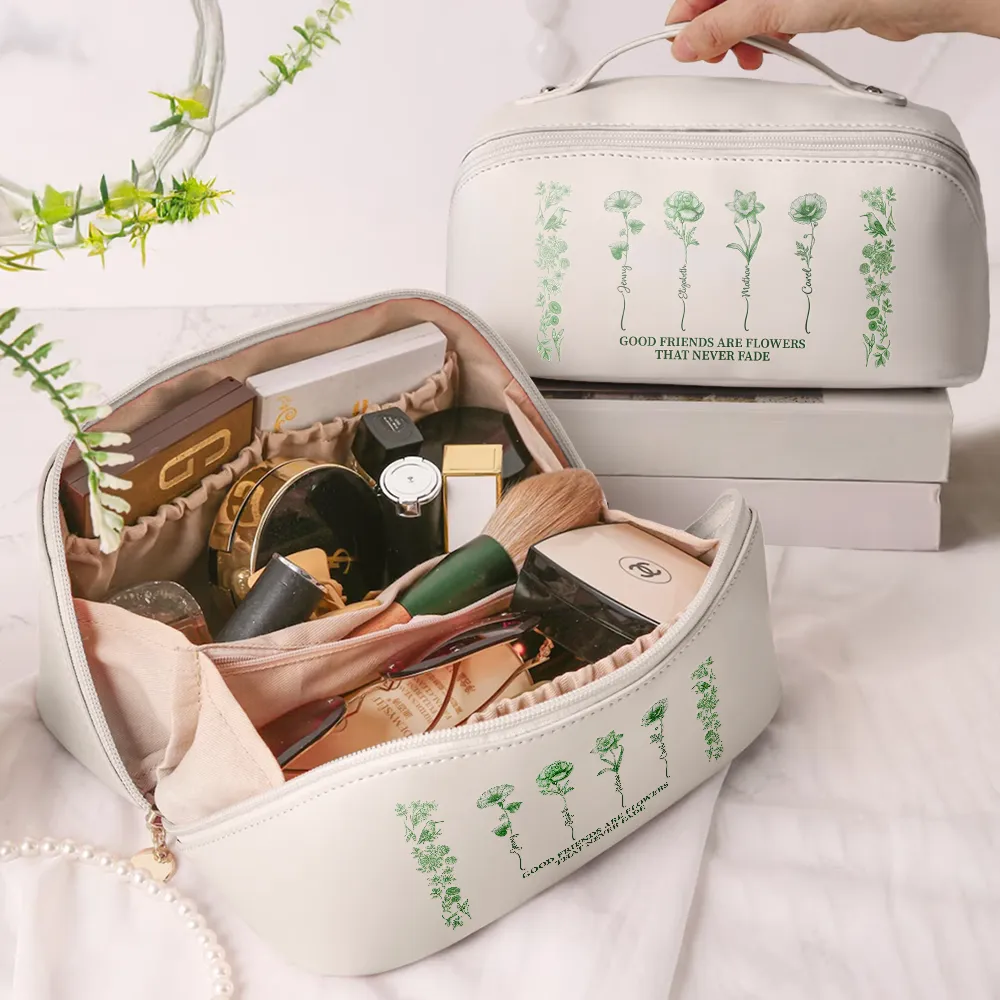 It Takes A Long Times To Grow An Old Best Friends Toile De Jouy Pattern - Personalized Leather Makeup Bag - Image 2