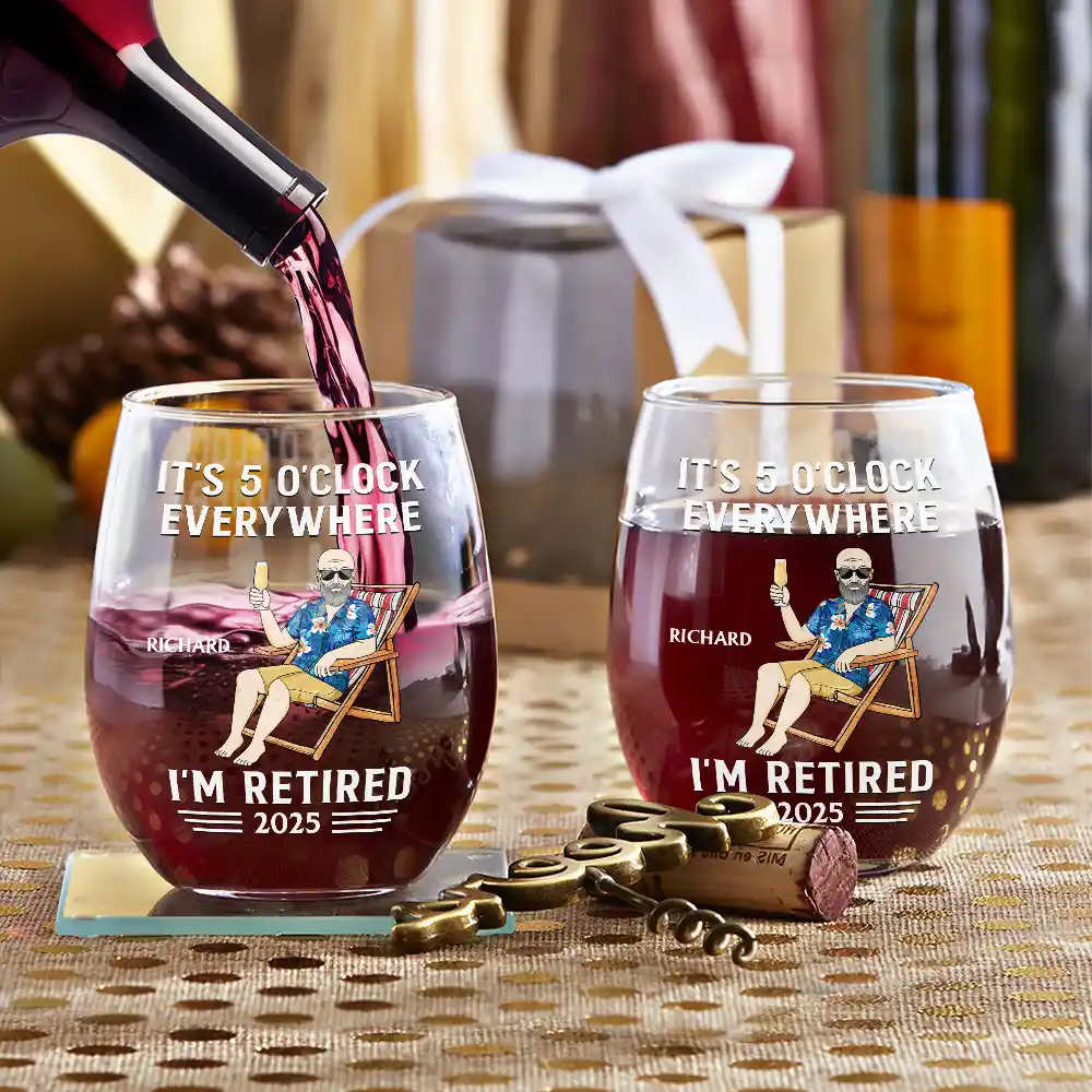 It's 5 O'clock Everywhere I'm Retired - Personalized Stemless Wine Glass - Image 3