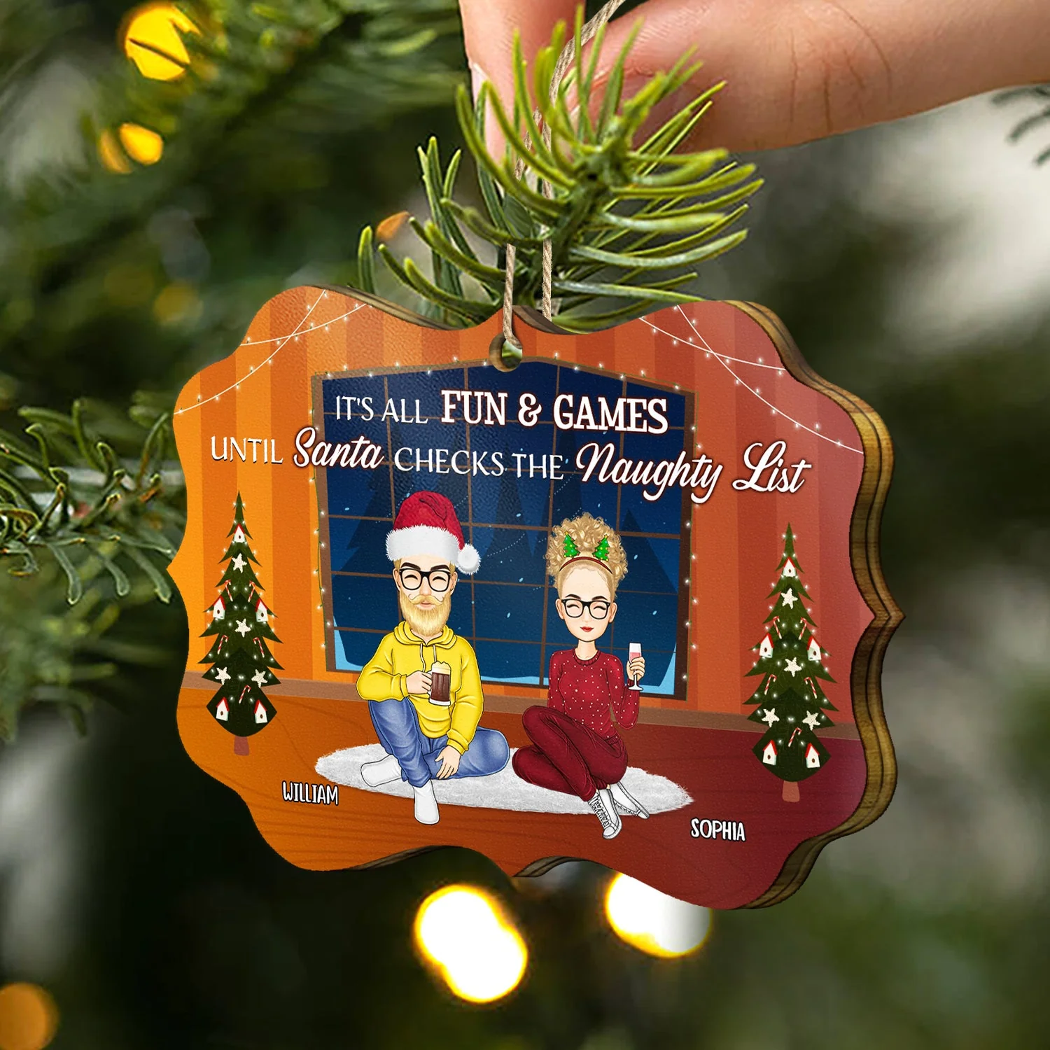 It's All Fun And Games Until Santa Checks The Naughty List - Christmas Gift For Bestie, Sibling, Colleague, Best Friend - Personalized Medallion Wooden Ornament - Image 2