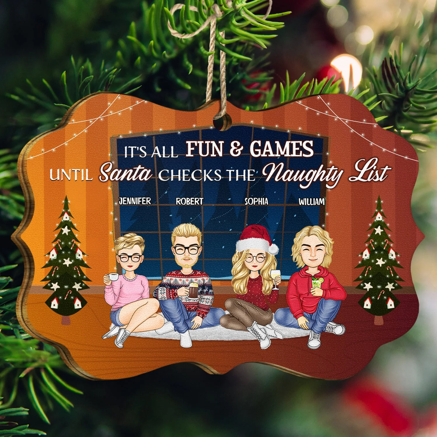 It's All Fun And Games Until Santa Checks The Naughty List - Christmas Gift For Bestie, Sibling, Colleague, Best Friend - Personalized Medallion Wooden Ornament - Image 3