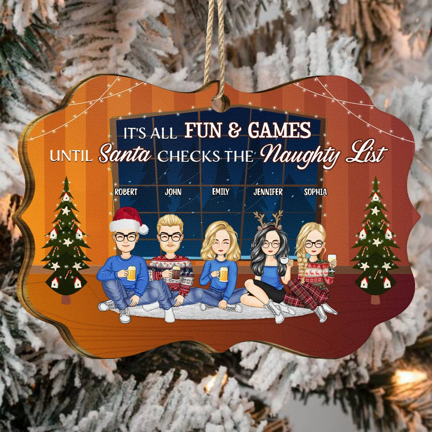 It's All Fun And Games Until Santa Checks The Naughty List - Christmas Gift For Bestie, Sibling, Colleague, Best Friend - Personalized Medallion Wooden Ornament - Image 4