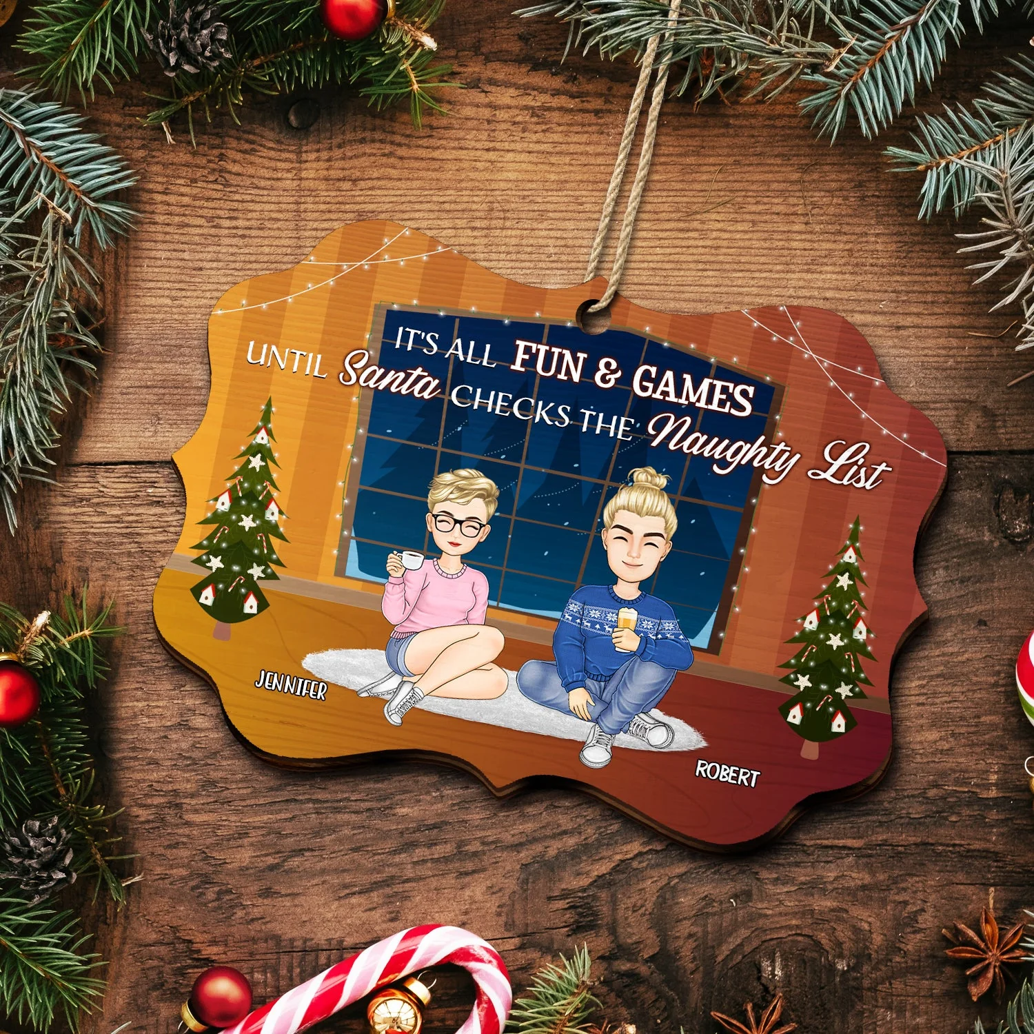 It's All Fun And Games Until Santa Checks The Naughty List - Christmas Gift For Bestie, Sibling, Colleague, Best Friend - Personalized Medallion Wooden Ornament - Image 5