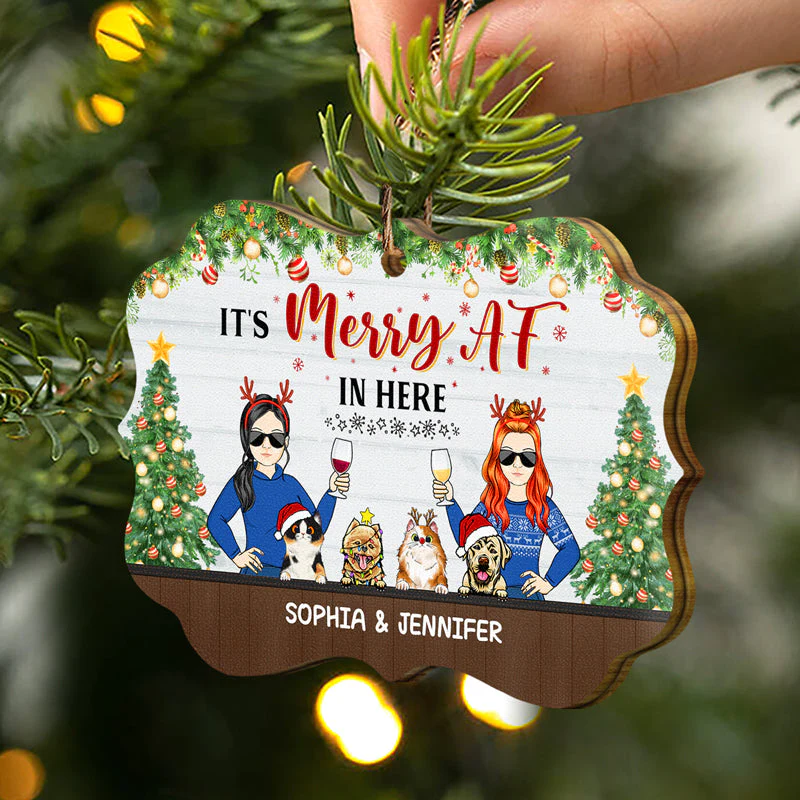 It's Merry In Here Family With Dog Cat - Christmas Gift For Couple - Personalized Custom Wooden Ornament - Image 2