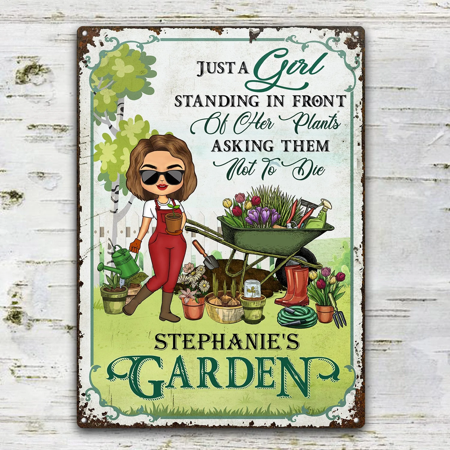 Just A Girl Standing In Front Of Her Plants Asking Them Not To Die - Birthday, Loving Gift For Yourself, Women, Garden Lovers - Personalized Custom Classic Metal Signs - Image 2