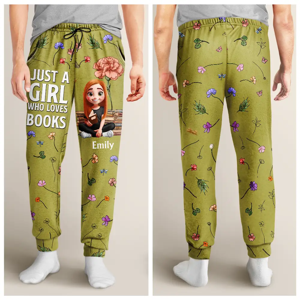 Just A Girl Who Loves Book Birth Month Flower - Personalized Sweatpants - Image 4