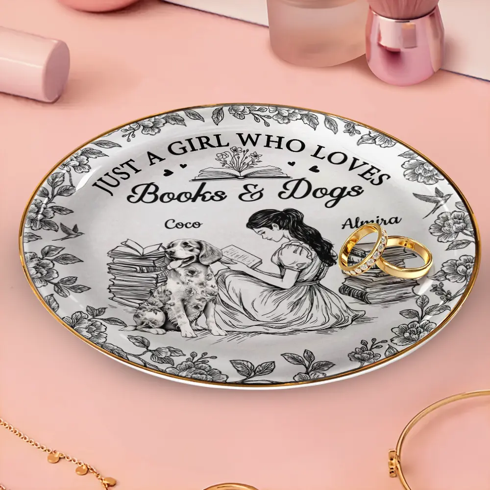 Just A Girl Who Loves Books And Dogs - Personalized Round Ring Dish - Image 3