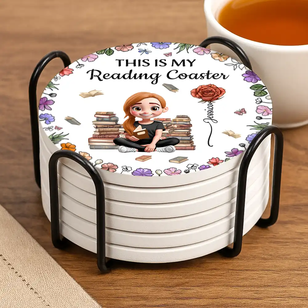 Just A Girl Who Loves Books Birth Flower - Personalized Ceramic Coaster - Image 3