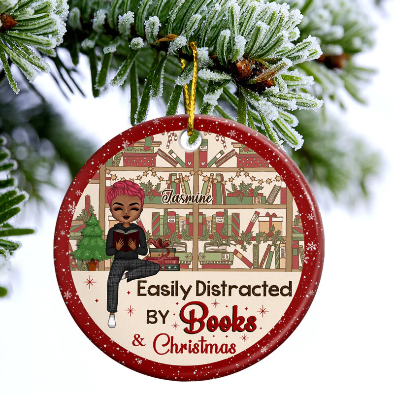 Just A Girl Who Loves Books & Christmas - Christmas Gift For Reading Lovers - Personalized Custom Circle Ceramic Ornament - Image 3