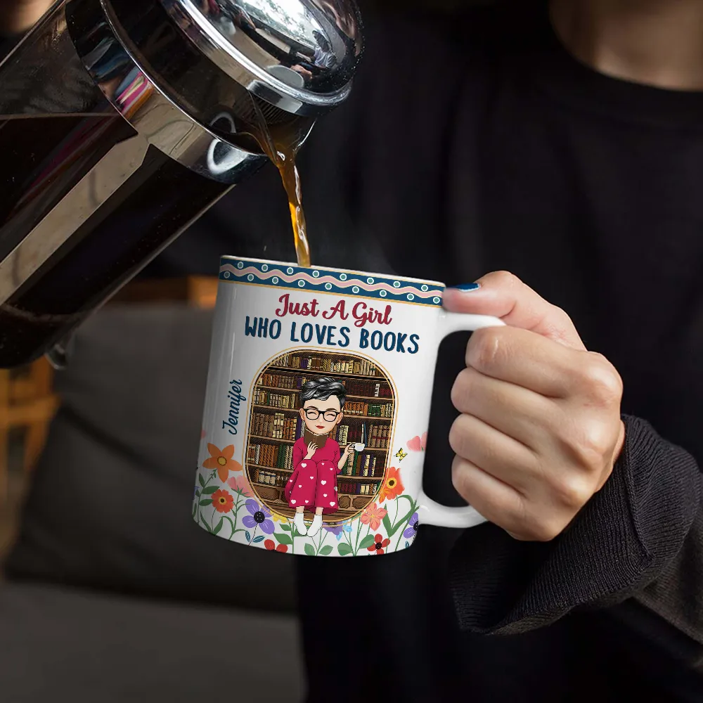 Just A Girl Who Loves Books Flower Garden - Personalized White Edge-to-Edge Mug - Image 4