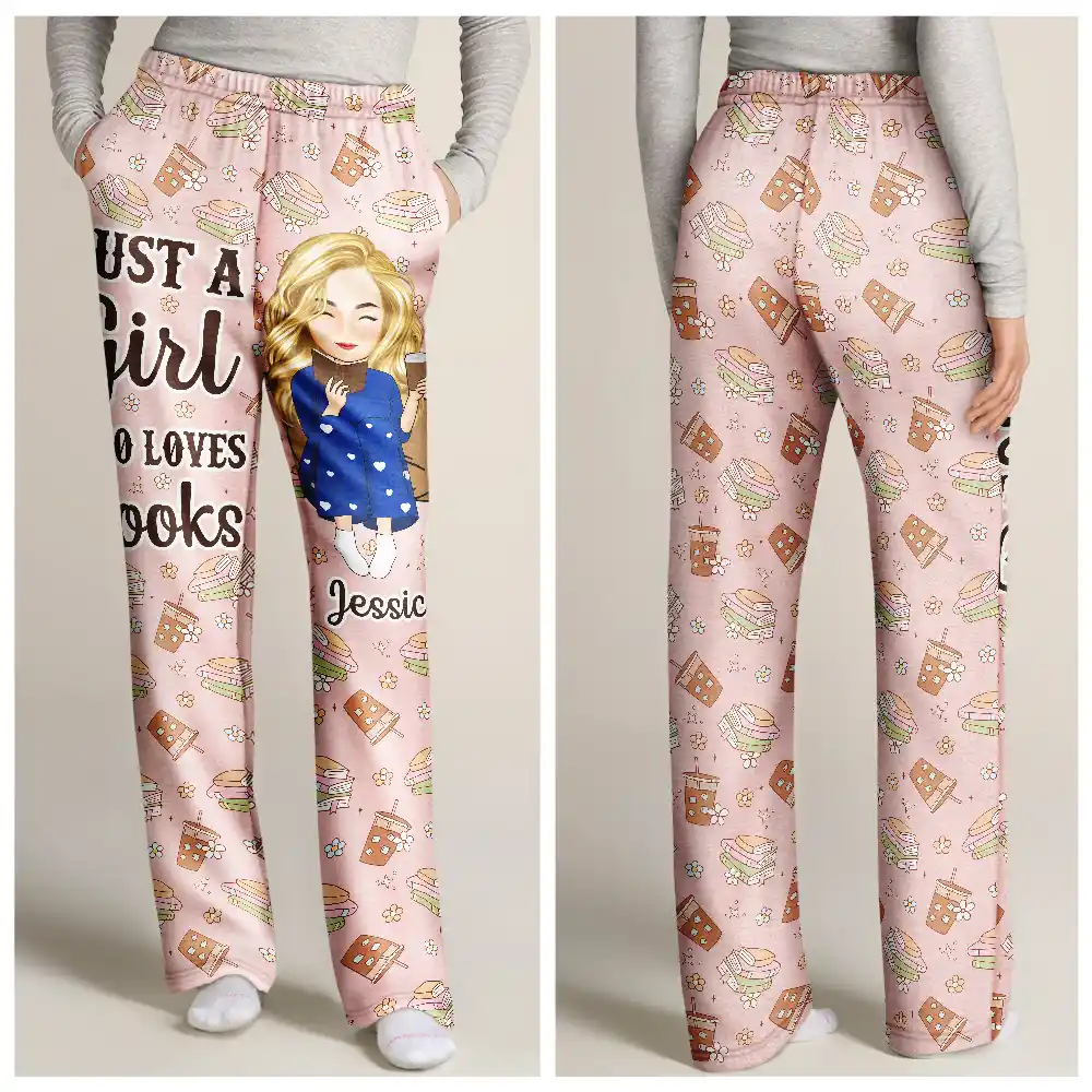 Just A Girl Who Loves Books Flower Pattern - Personalized Pajama Pants - Image 3