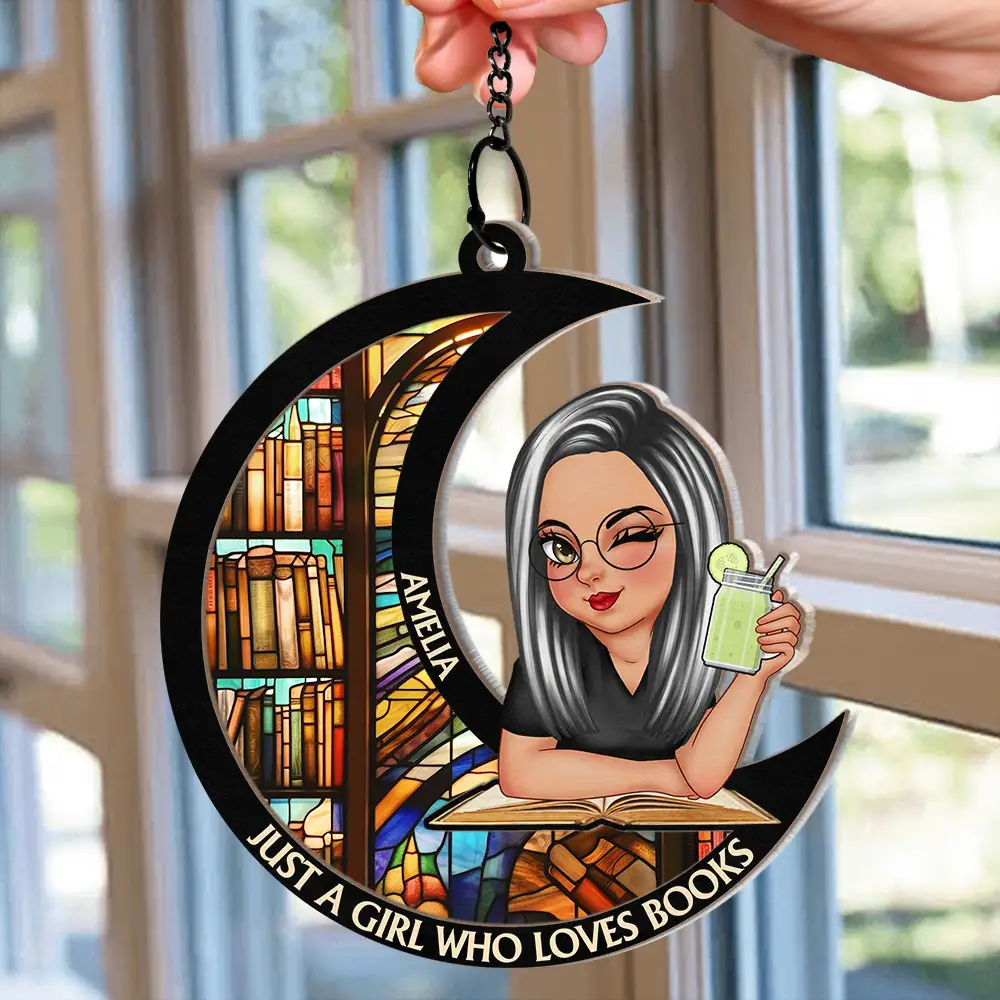 Just A Girl Who Loves Books Moon - Personalized Window Hanging Suncatcher Ornament - Image 2