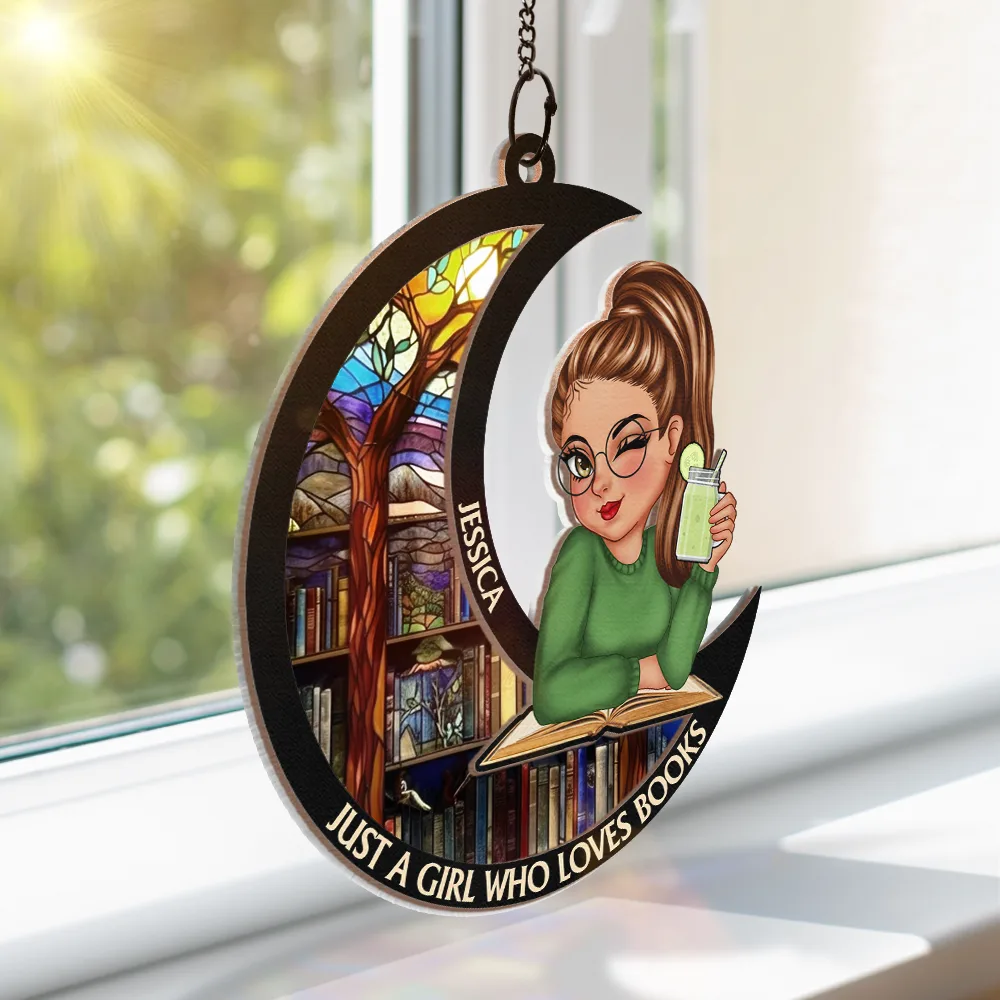 Just A Girl Who Loves Books Moon - Personalized Window Hanging Suncatcher Ornament - Image 3