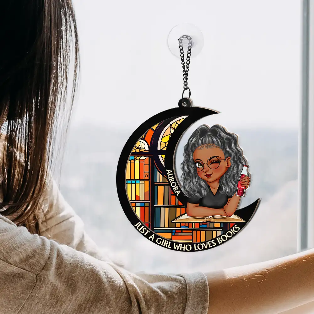 Just A Girl Who Loves Books Moon - Personalized Window Hanging Suncatcher Ornament - Image 4