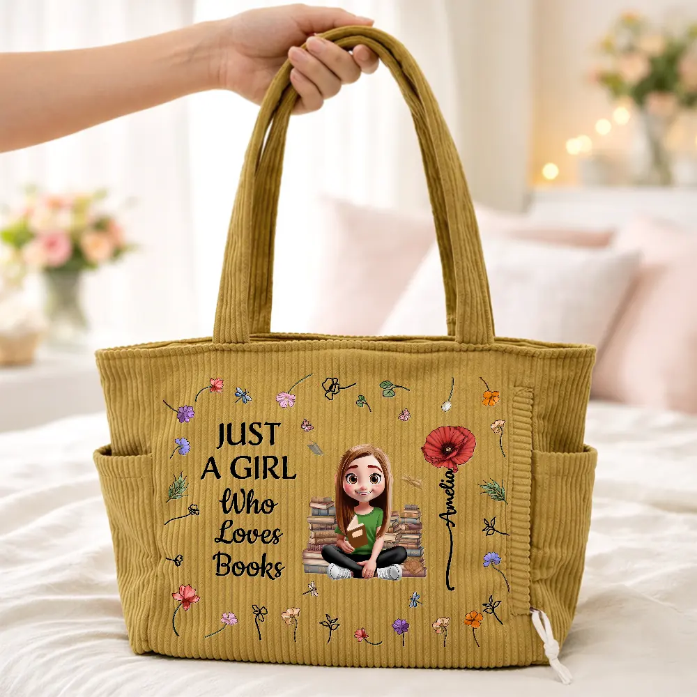 Just A Girl Who Loves Books - Personalized Corduroy Tote Bag - Image 4