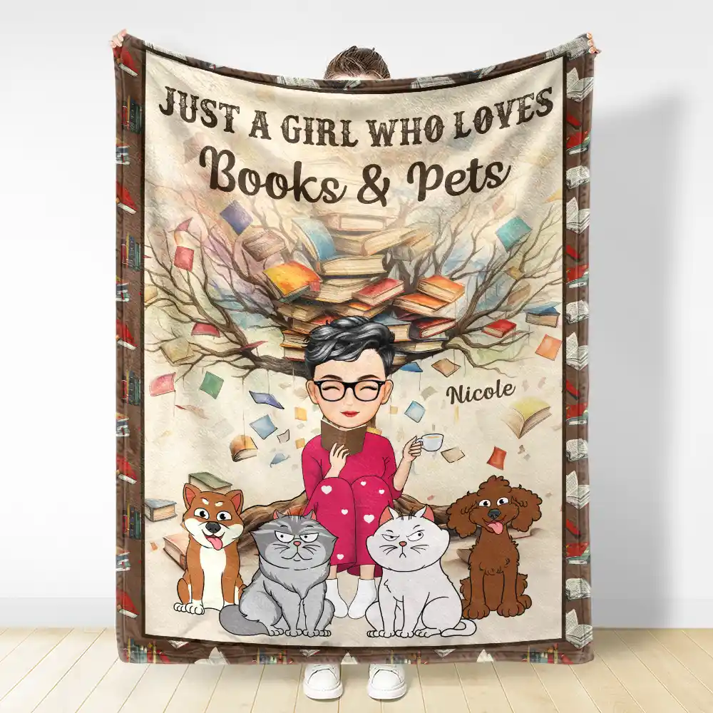 Just A Girl Who Loves Books & Pets - Personalized Fleece Blanket, Sherpa Blanket - Image 3