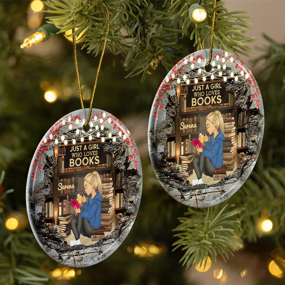 Just A Girl Who Loves Books Reading - Personalized Circle Ceramic Ornament - Image 2