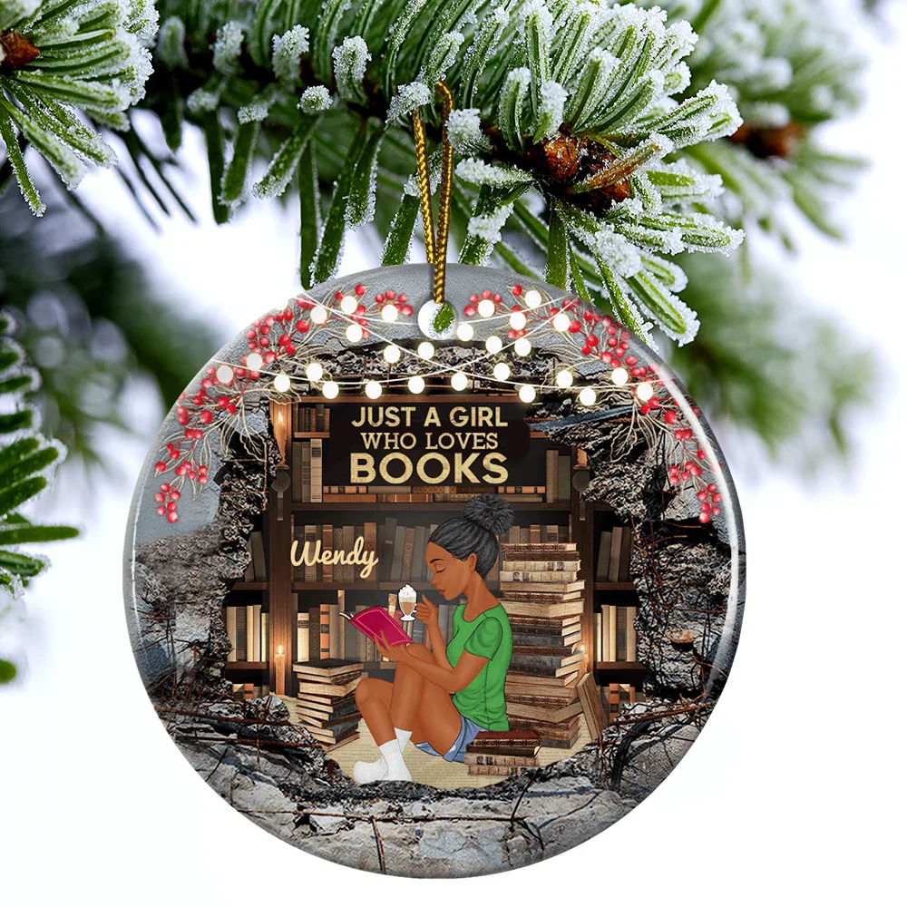Just A Girl Who Loves Books Reading - Personalized Circle Ceramic Ornament - Image 4