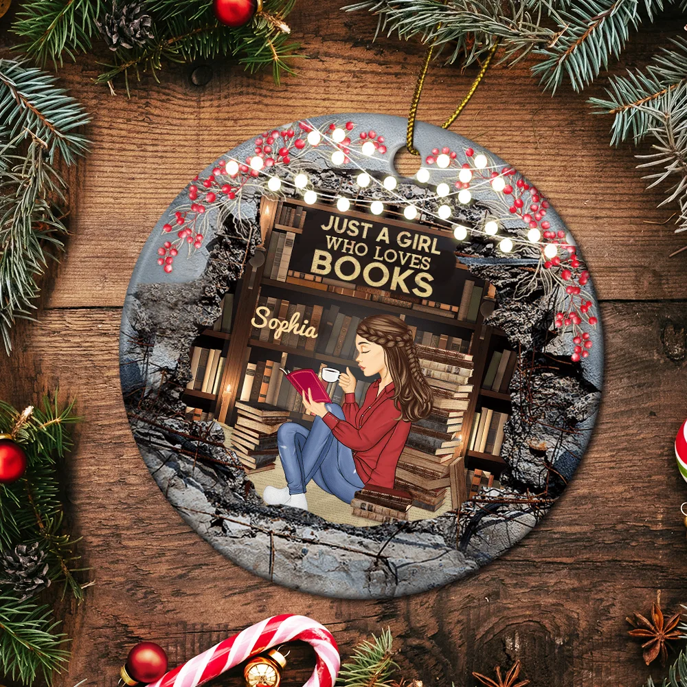 Just A Girl Who Loves Books Reading - Personalized Circle Ceramic Ornament - Image 5