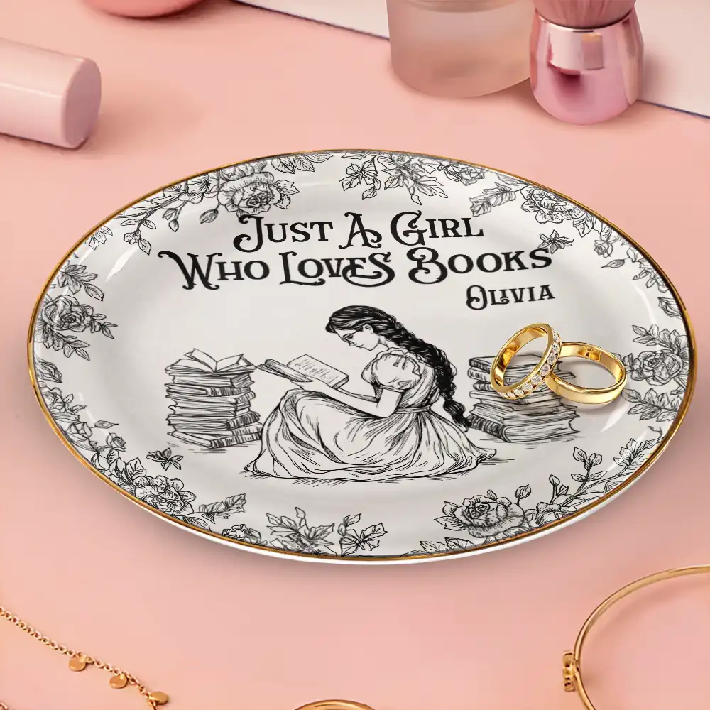 Just A Girl Who Loves Books Toile De Jouy Pattern - Personalized Round Ring Dish - Image 3