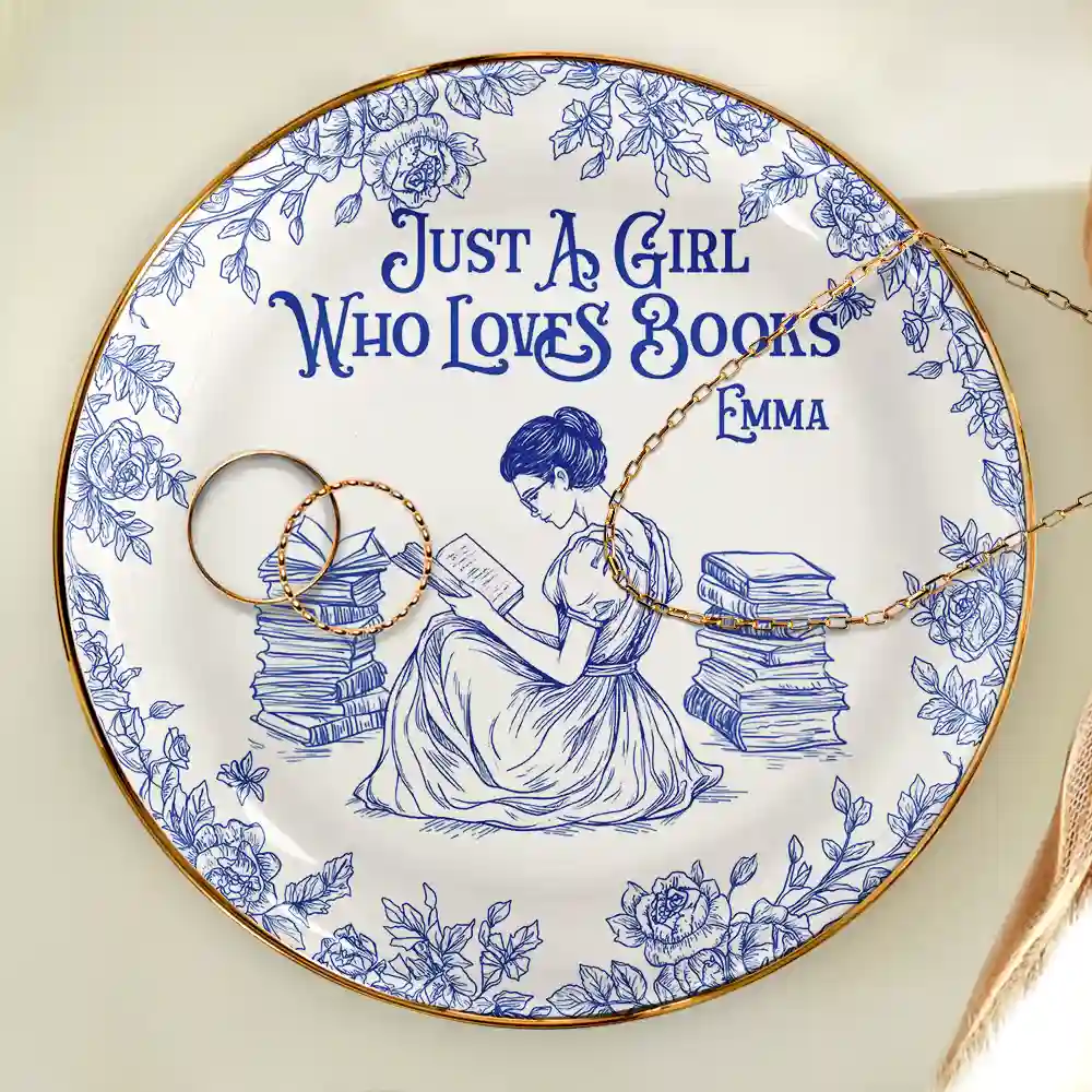 Just A Girl Who Loves Books Toile De Jouy Pattern - Personalized Round Ring Dish - Image 4