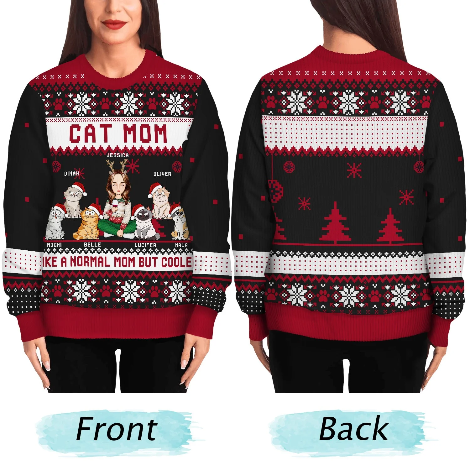 Just A Girl Who Loves Cats And Christmas Cartoon Style - Gift For Cat Moms, Cat Lovers - Personalized Unisex Ugly Sweater - Image 5