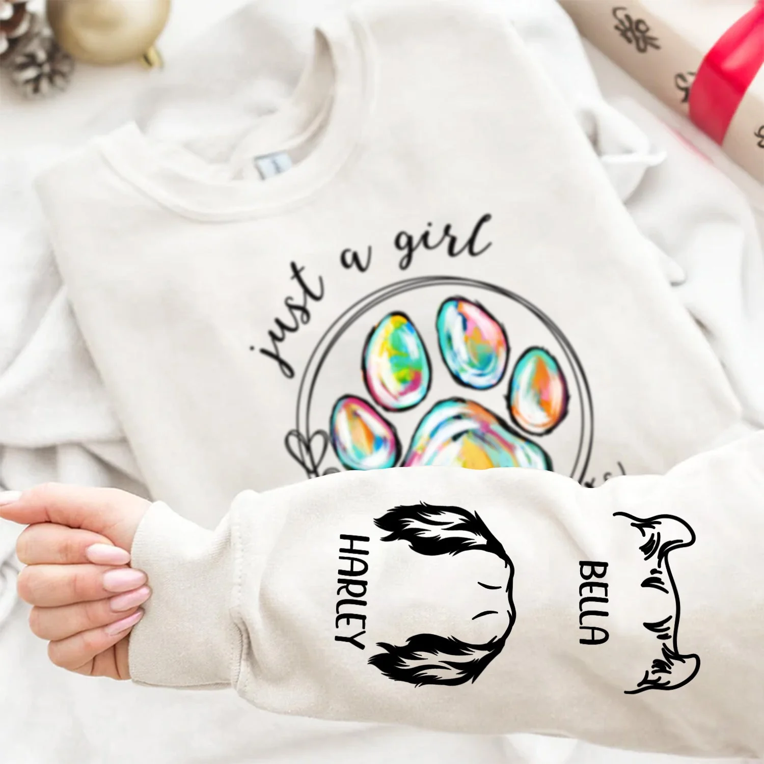 Just A Girl Who Loves Dogs Cats - Birthday, Loving Gift For Dog Lover, Cat Mom, Pet Mum - Personalized Unisex Sweatshirt With Design On Sleeve - Image 4
