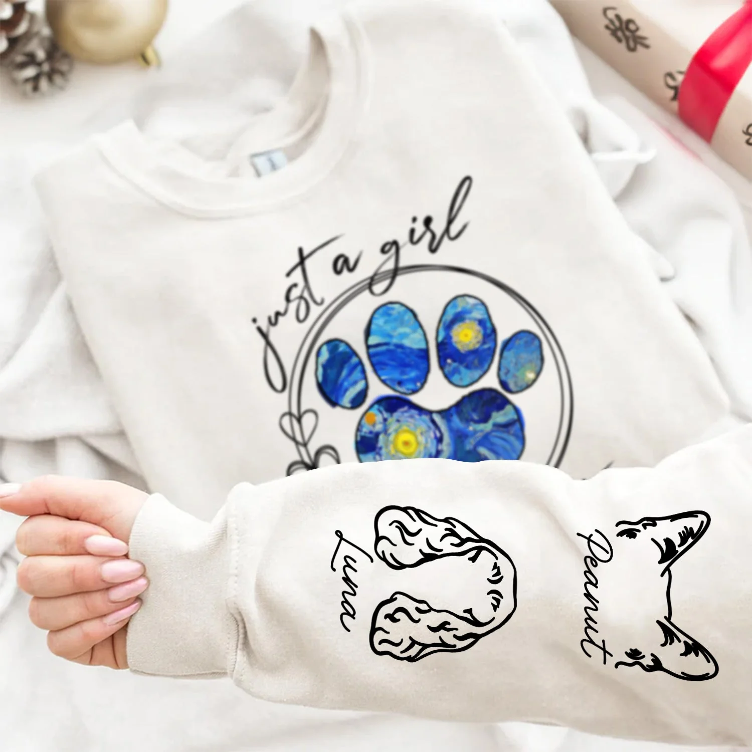Just A Girl Who Loves Dogs Cats Night Sky - Birthday, Loving Gift For Dog Lover, Cat Mom, Pet Mum - Personalized Unisex Sweatshirt With Design On Sleeve - Image 4