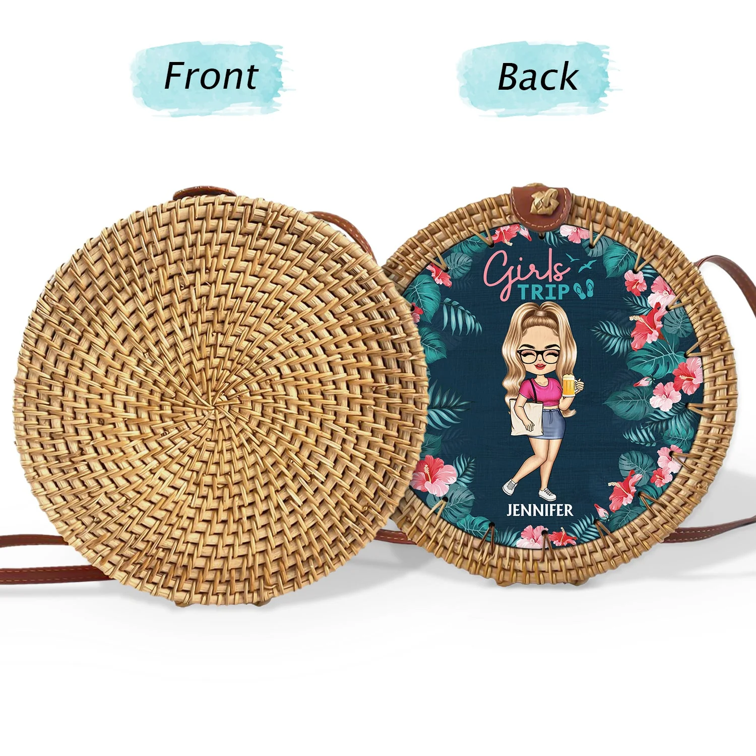Just Beachy Vacation Mode On - Gift For Her, Travel Lovers - Personalized Custom Round Rattan Bag - Image 2