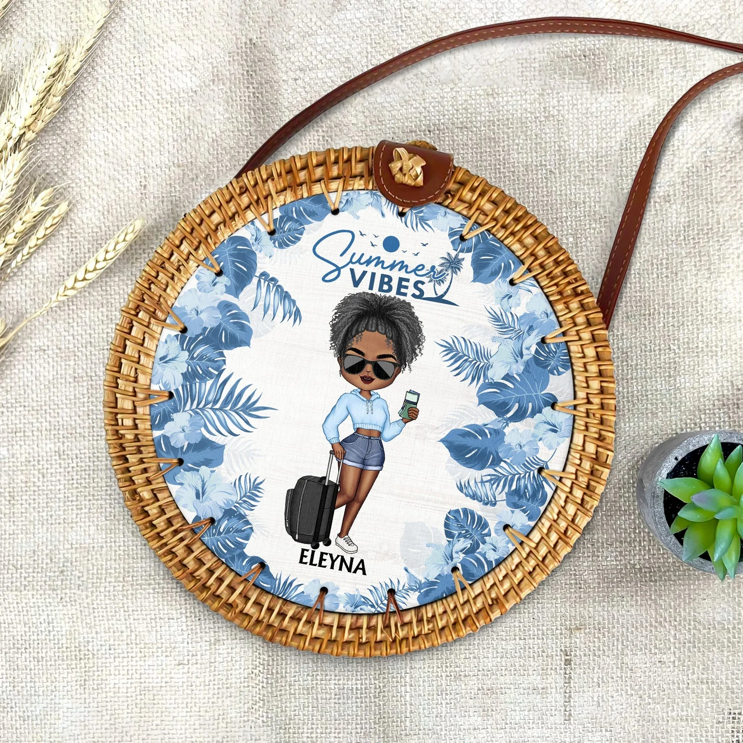Just Beachy Vacation Mode On - Gift For Her, Travel Lovers - Personalized Custom Round Rattan Bag - Image 4