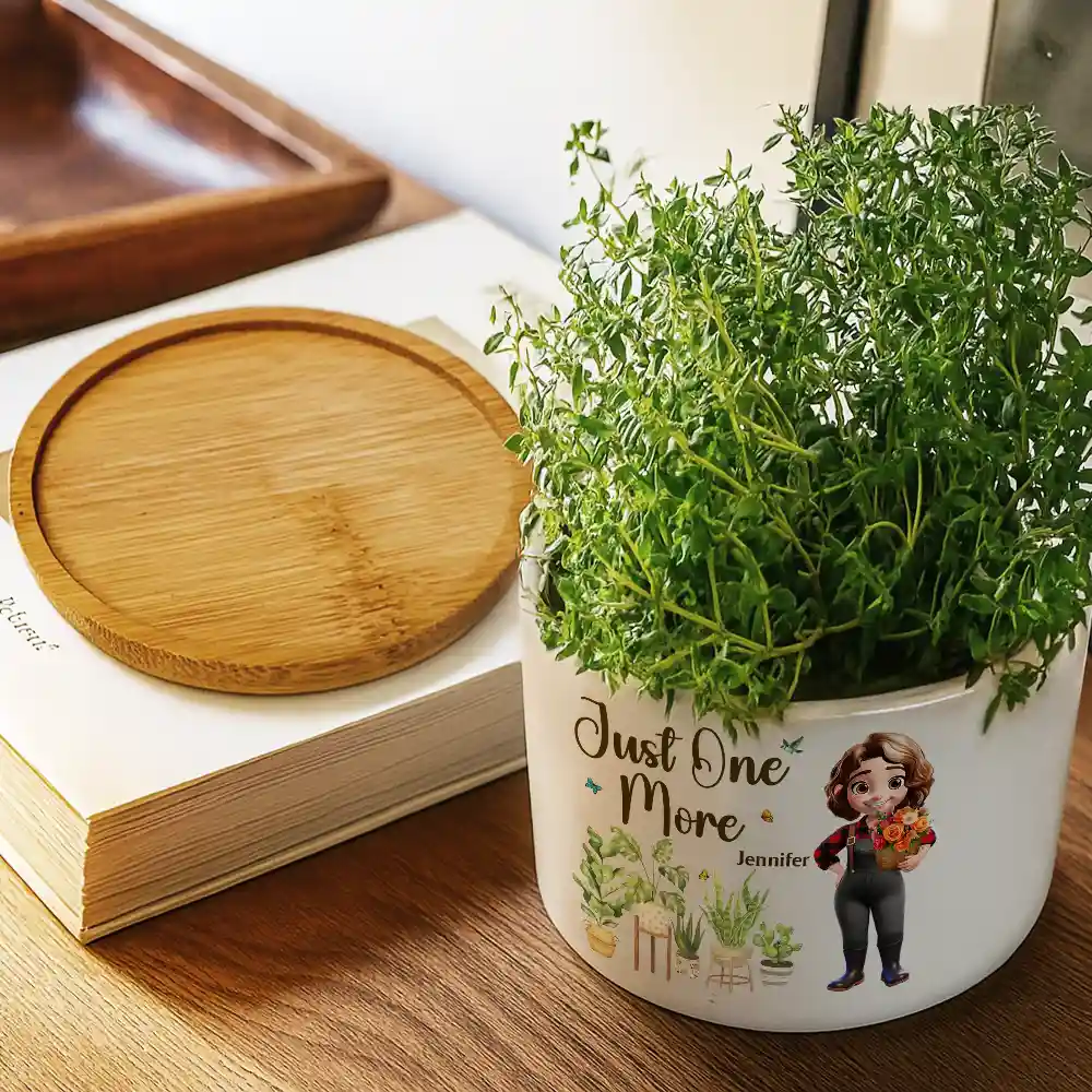 Just One More Plant Woman Garden - Personalized Ceramic Plant Pot - Image 3