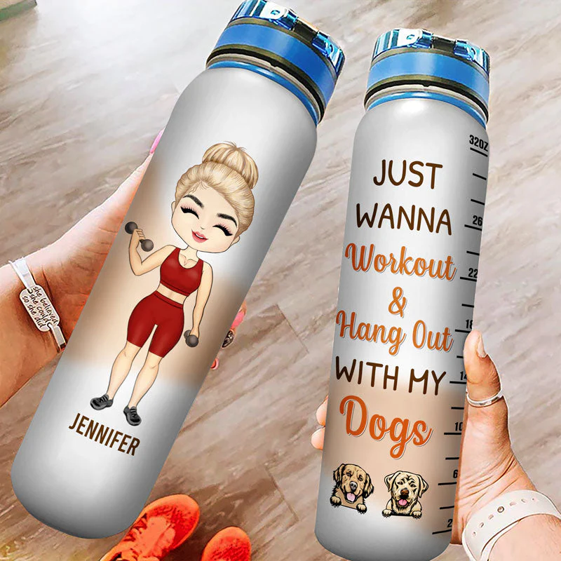 Just Wanna Workout & Hang Out With My Dogs - Gift For Gym & Dog Lover - Personalized Custom Water Tracker Bottle - Image 3