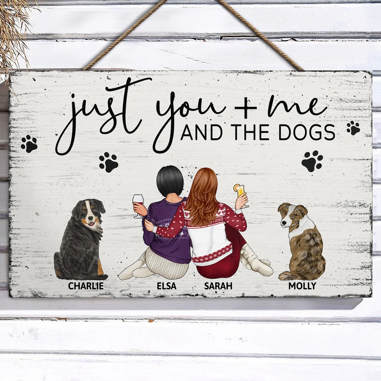 Just You Me And The Dogs - Anniversary Gift For Couples, Dog Lovers - Personalized Wood Rectangle Sign - Image 3