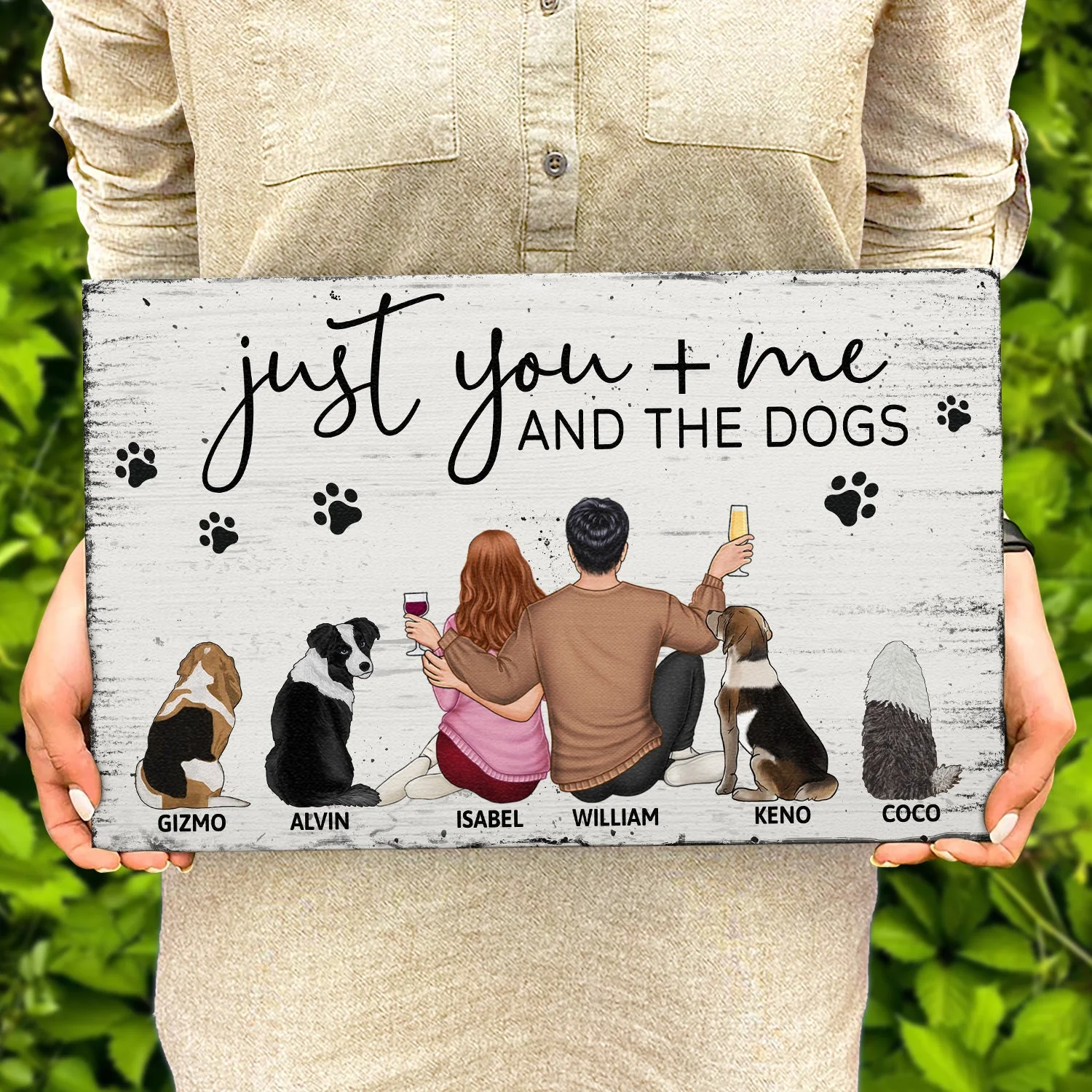 Just You Me And The Dogs - Anniversary Gift For Couples, Dog Lovers - Personalized Wood Rectangle Sign - Image 4