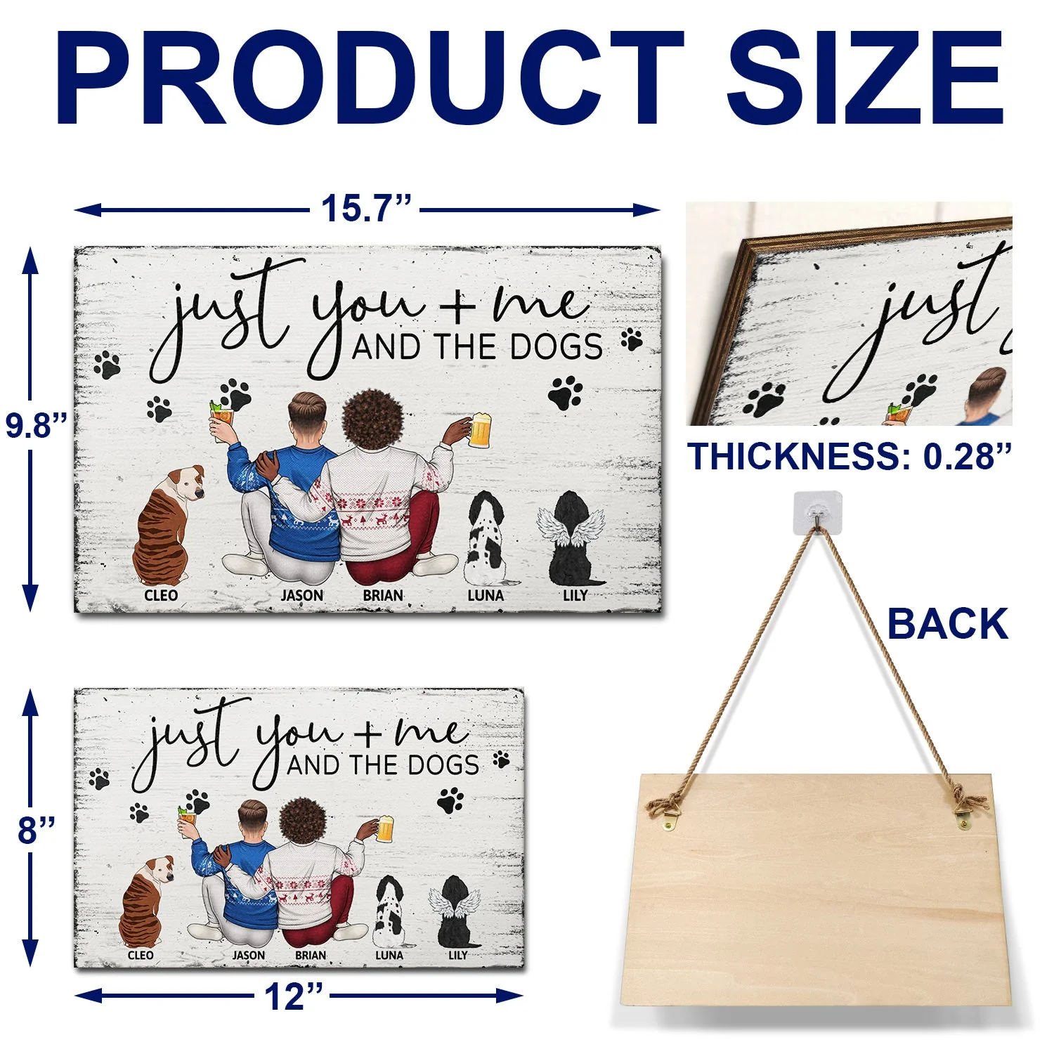Just You Me And The Dogs - Anniversary Gift For Couples, Dog Lovers - Personalized Wood Rectangle Sign - Image 5