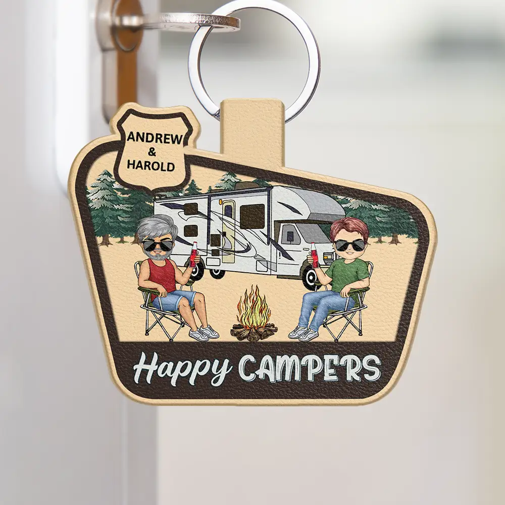 Keys To The Camper Chibi Camping Couple - Personalized Custom Shaped Leather Keychain - Image 2