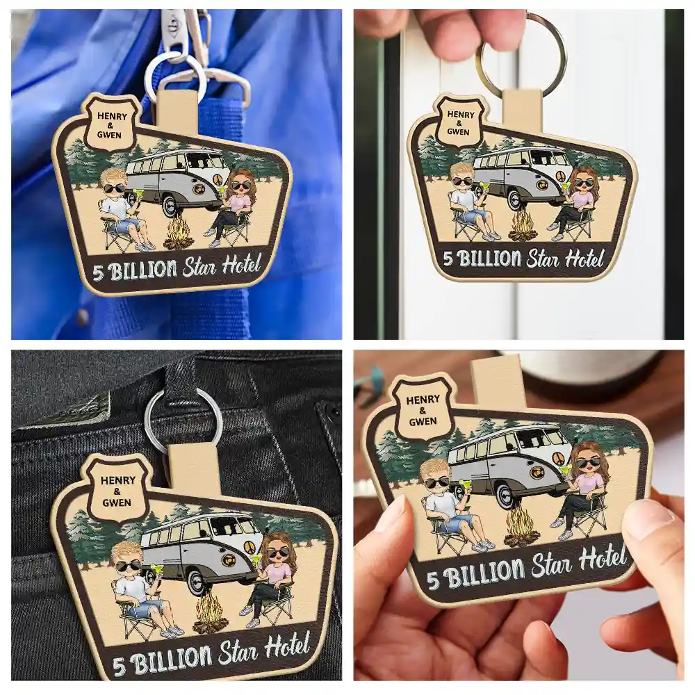 Keys To The Camper Chibi Camping Couple - Personalized Custom Shaped Leather Keychain - Image 5