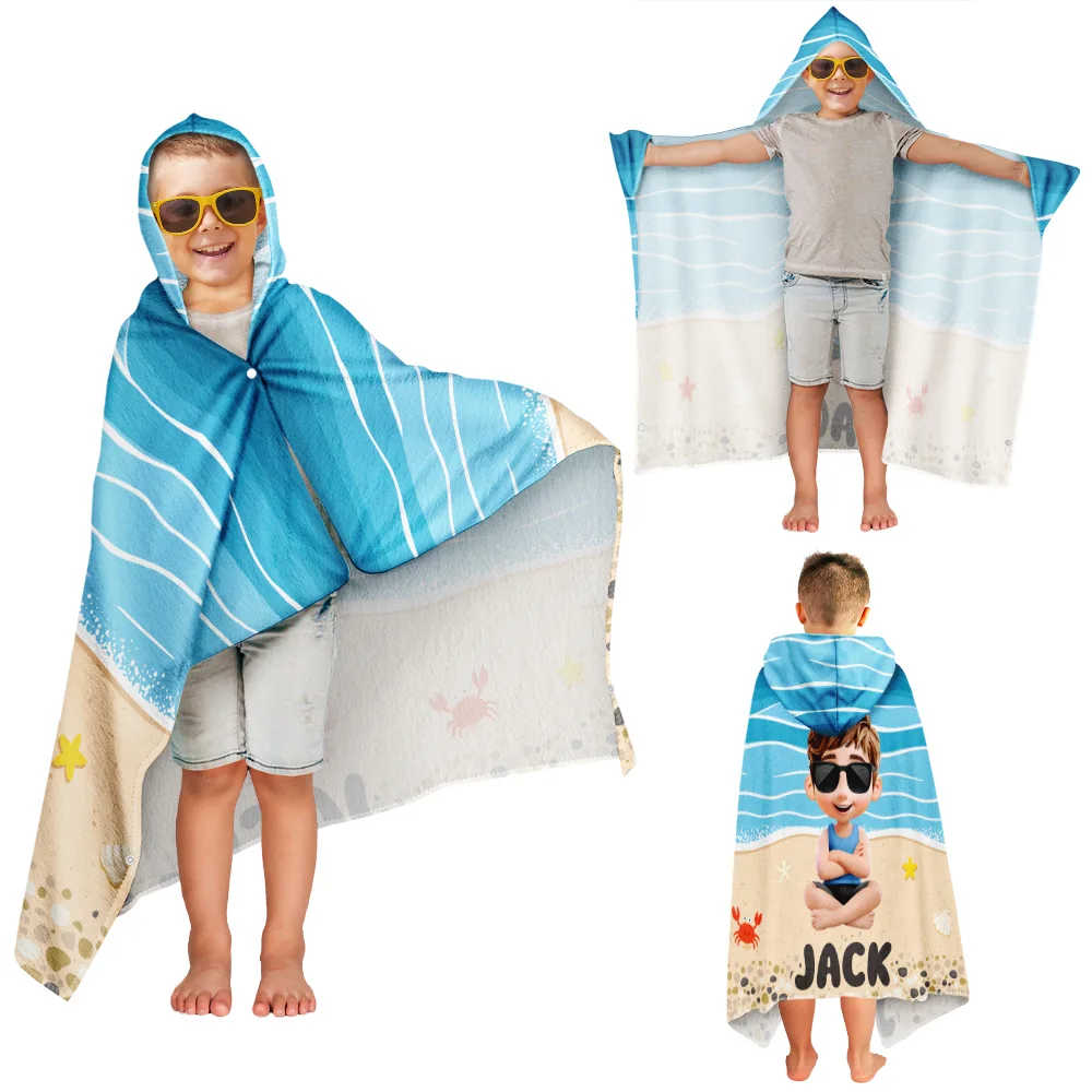 Kid Baby Sitting On The Beach - Personalized Hooded Beach Towel - Image 3