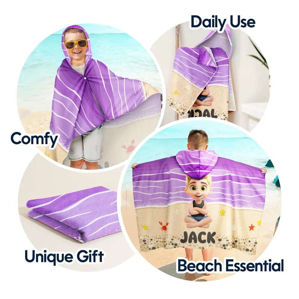 Kid Baby Sitting On The Beach - Personalized Hooded Beach Towel - Image 6