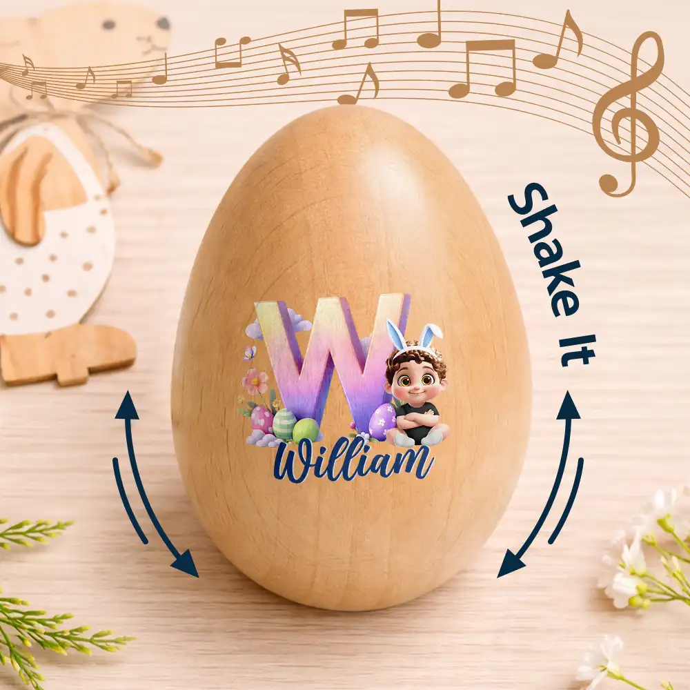 Kid Baby Sitting With Easter Alphabet Letters - Personalized Musical Wooden Easter Egg Shaker - Image 4