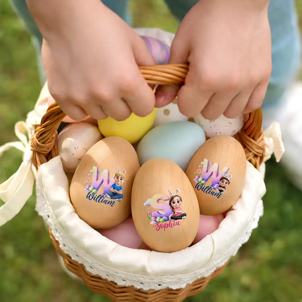 Kid Baby Sitting With Easter Alphabet Letters - Personalized Musical Wooden Easter Egg Shaker - Image 6