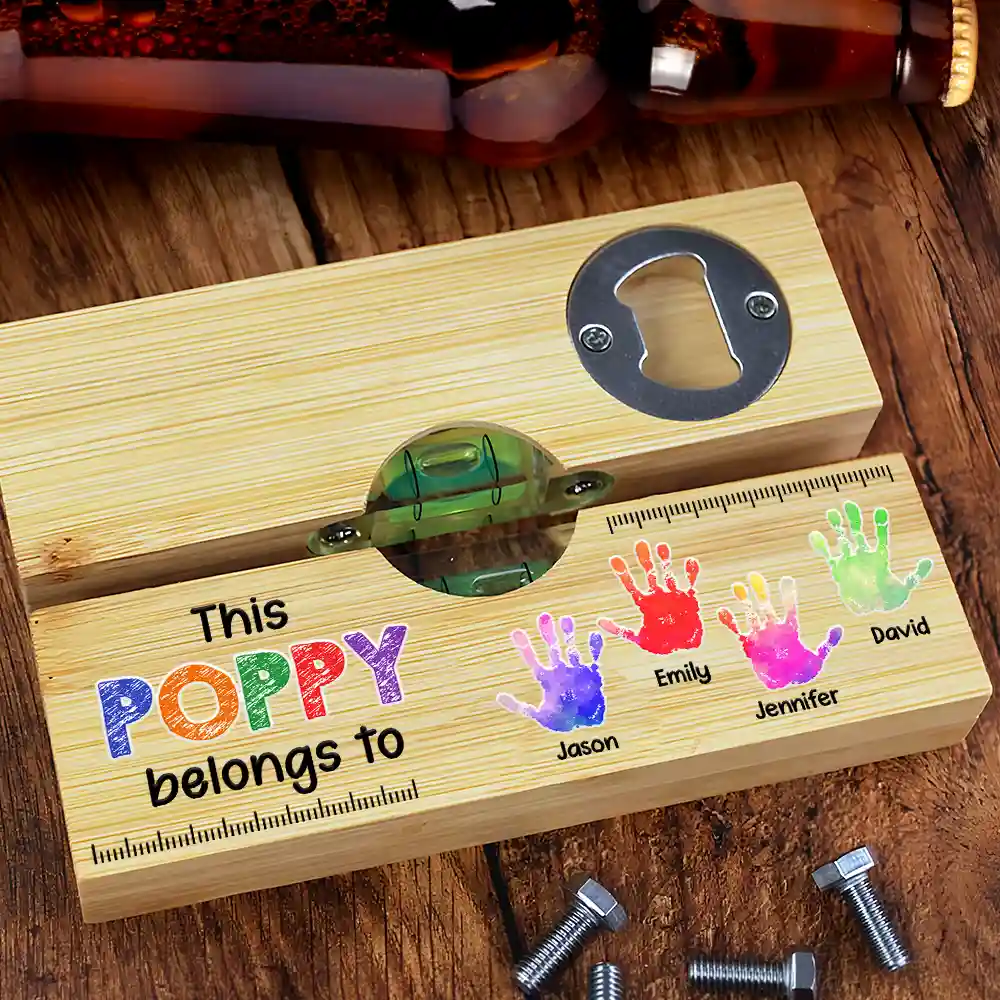 Kid Handprint This Grandpa Daddy Belongs To - Personalized Bottle Opener Wood Level - Image 4